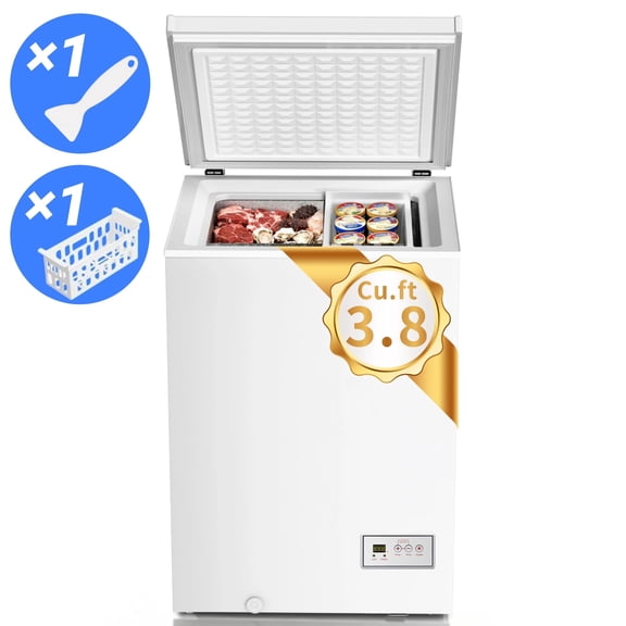 Auseo 3.8 Cu.Ft Chest Freezer Low Temperature Freezer with Removable Basket,Free Standing Top open Door Deep Freezer, Adjustable Temperature for Home, Basement, Kitchen, White