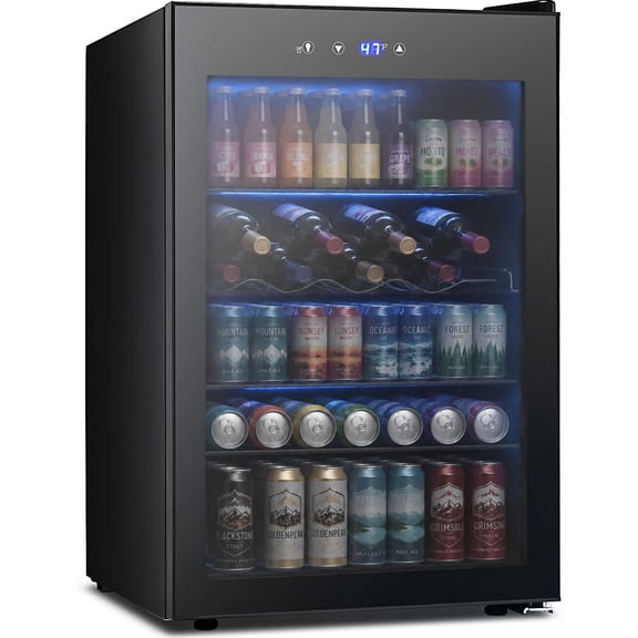 Auseo 150 Can Beverage Refrigerator Cooler,Drink Fridge with Black Glass Door, Touch Lock & Adjustable Shelf Wine Cooler for Home/Office/Bar