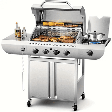 LHRIVER Stainless Steel 4 Burner Propane Gas Grill with Side Burner, Portable Outdoor Barbecue Grill, 45,000 BTU
