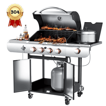 LHRIVER Stainless Steel 4 Burner Propane Gas Grill with Side Burner, Portable Outdoor Barbecue Grill, 42,000 BTU