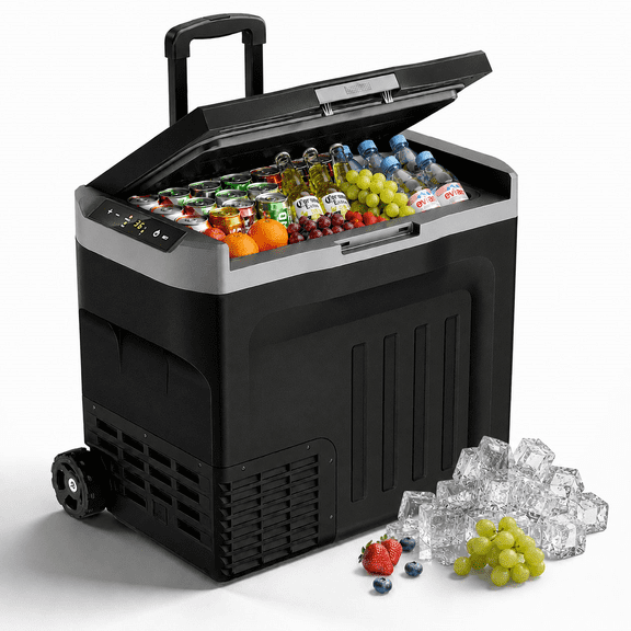 Auseo 42Qt Portable Car Refrigerator, 12V Compressor Fridge & Freezer, Dual Power (AC/DC) for RV, Camping, Temperature Range -4°F to 68°F, Black