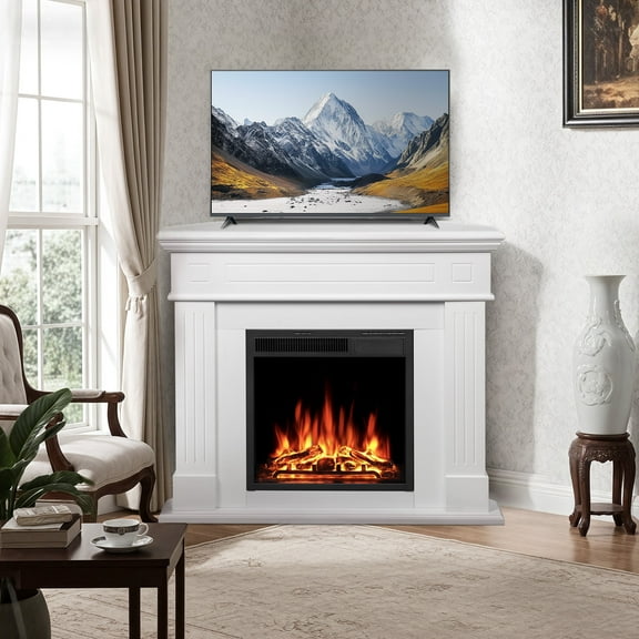 KISSAIR 44" Electric Fireplace TV Stand, Freestanding Fireplace Heater with Remote Control for Living Room, Bedroom, White