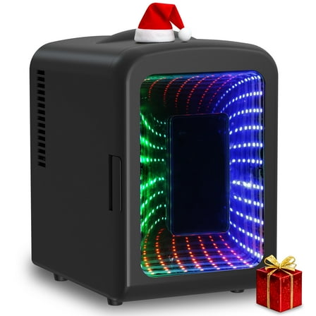 Auseo 4L Mini Fridge Personal with LED, Portable Cooler for Bedroom, Office, Car, Small Refrigerator for Skincare, Drinks & Gaming Room, AC/DC Powered, Black