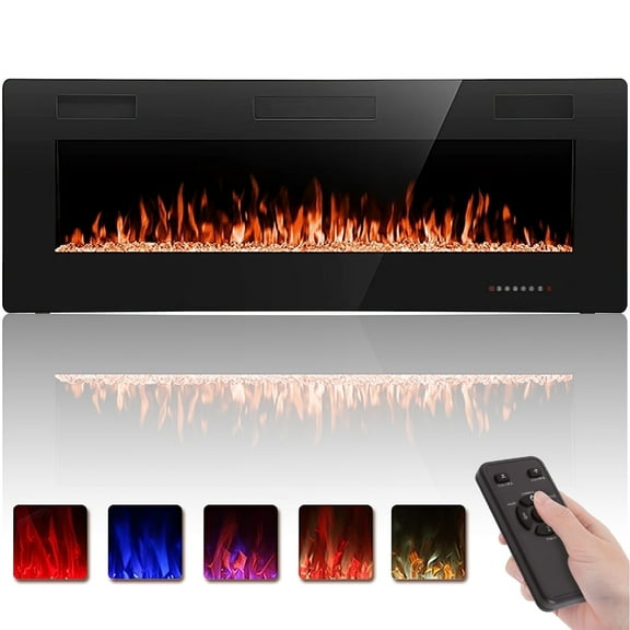 Auseo 50 inch Embedded Wall Mounted Indoor Electric Fireplace, Ultra-thin Low Noise Lightweight LED Fireplace Heater, Touch Screen, Timer, 1500W, Adjustable Flame Color and Speed, Black