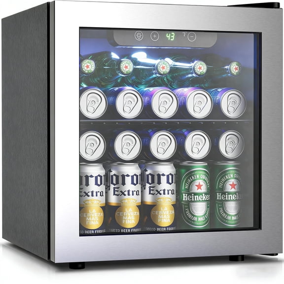 Auseo 55 Cans Mini Beverage Refrigerator & Wine Cooler with Seamless Stainless Steel Glass Door, Mini Fridge for Bedroom /Home/Office