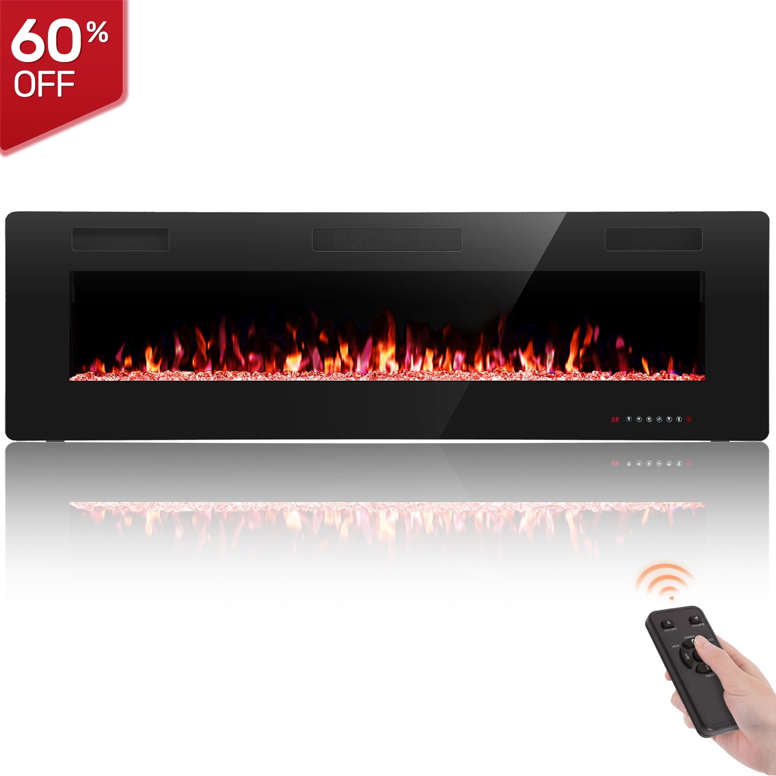 Auseo 60″ 1500W Ultra Thin Embedded Wall Mounted LED Indoor Fireplace Heater with Adjustable Flame Color and Speed