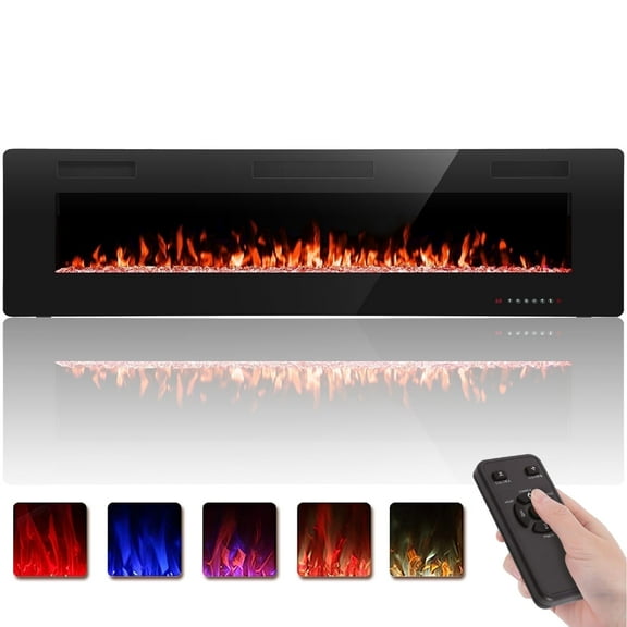Auseo 68 inch Embedded Wall Mounted Indoor Electric Fireplace, Ultra-thin Low Noise Lightweight LED Fireplace Heater, Touch Screen, Timer, 1500W, Adjustable Flame Color and Speed, Black