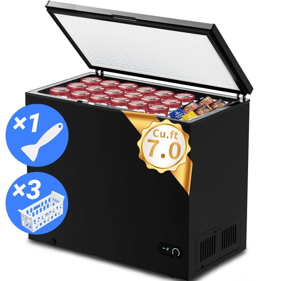 Auseo 7 cu. ft. Chest Deep Freezer with Adjustable Temperature, Free Standing Top Open Door Compact Freezer with 3 Removable Basket for Kitchen, Home, Bar, Garage, Office
