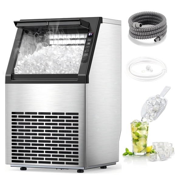 Auseo Commercial Ice Maker 80Lbs/24H,Freestanding/Built-in Ice Machine with 28 lb Storage Bin in Silver,Stainless Steel