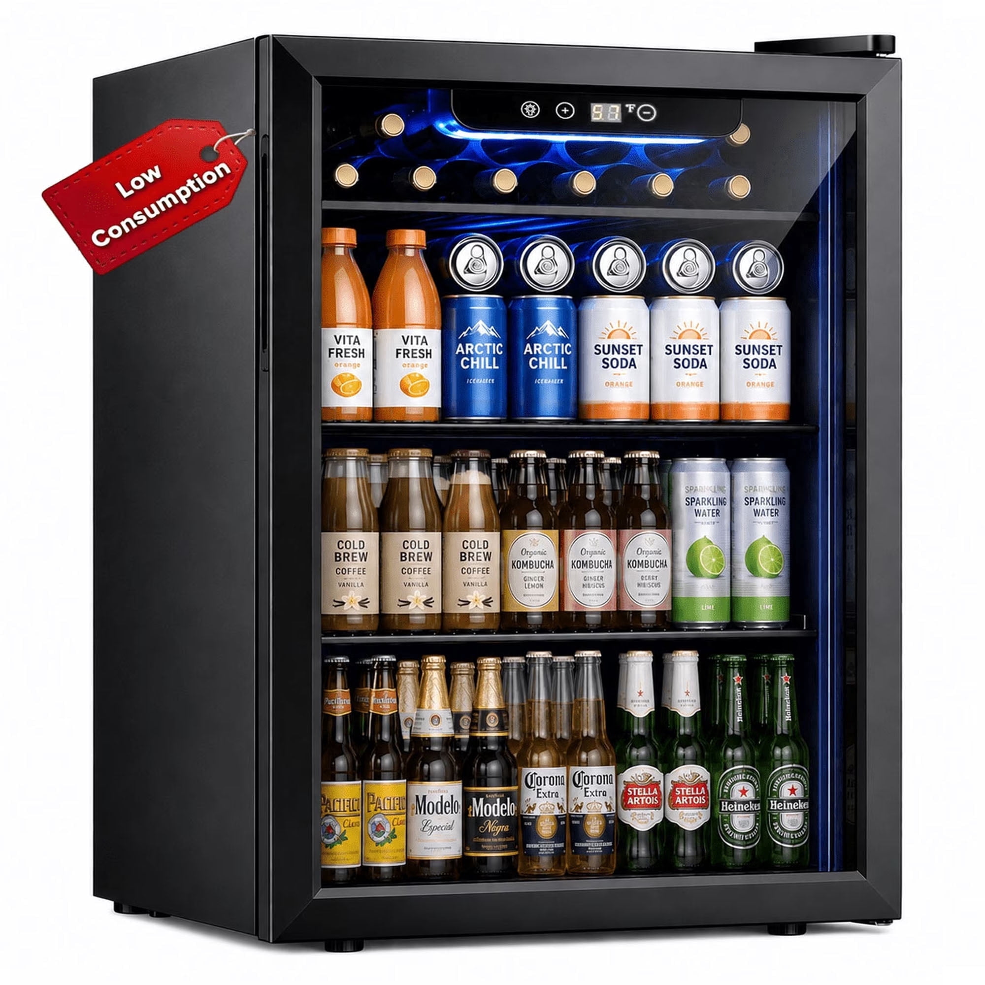 Auseo 100-Can Beverage Refrigerator with Glass Door, Energy Efficient Mini Fridge for Home, 18.7 in D, 25 in H,Black
