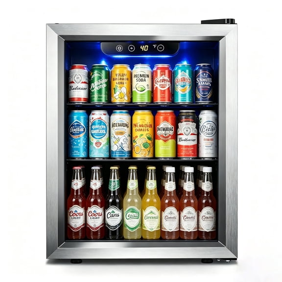 Auseo Beverage Refrigerator, 1.7 Cu ft Mini Fridge with Glass Door, Single Door Small Fridge for Dorm Room, Bedroom & Office Silver