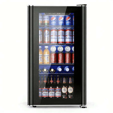 Auseo 130 Can Beverage Refrigerator, Mini Fridge with Glass Door and Digital Touch Screen, Adjustable Drink Cooler for Office/Kitchen/Bar
