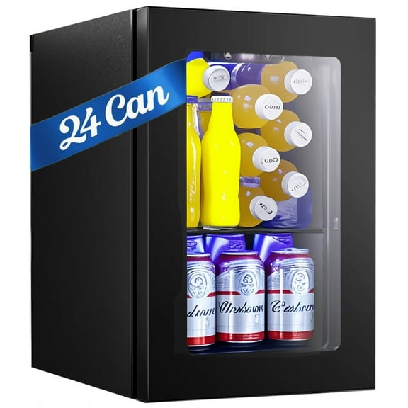 Auseo 6 Bottles and 24 Cans Mini Beverage Refrigerator , Mini Fridge with Glass Door & LED Light, Wine Fridge for Dorm/Home/Office
