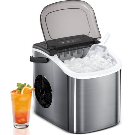 Auseo Bullet Ice Maker, 26 lbs /24H, Self-Cleaning with Handle, Kitchen/Office/Party, Stainless Steel Silver