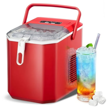 Auseo Portable Countertop Ice Maker, 26Lbs/24H, 9 Bullet-Shaped Ice in 8 Mins, with Handle/Ice Scoop/Ice Basket, for Home/Office/Bar/Party (Red)
