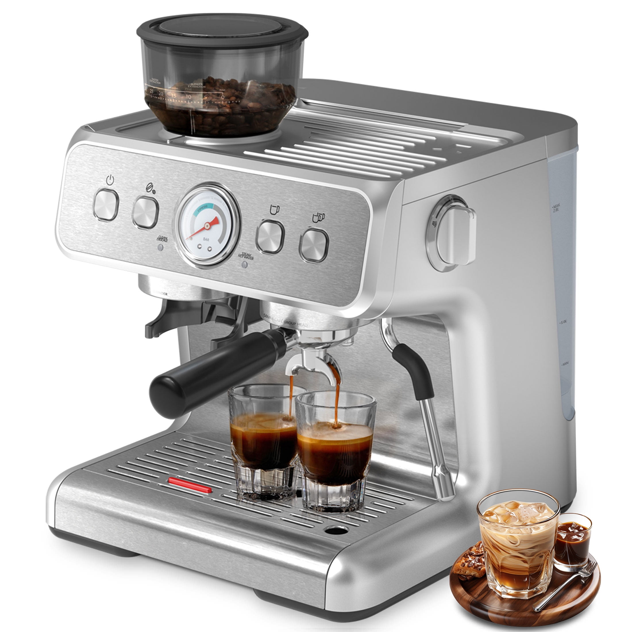 Auseo 20 Bar Automatic Espresso Coffee Maker with Grinder and Milk Frother Steam Wand, Drip Hot Coffee, 1&2 Cups, Espresso/Cappuccino/Latte/Mocha for Home, Stainless Steel - Walmart.com