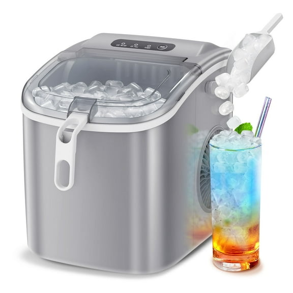 Auseo Countertop Ice Maker, 26lbs/24H, 9 Cubes in 6-12 Mins, Auto-Cleaning Portable with Basket and Scoop, Gray