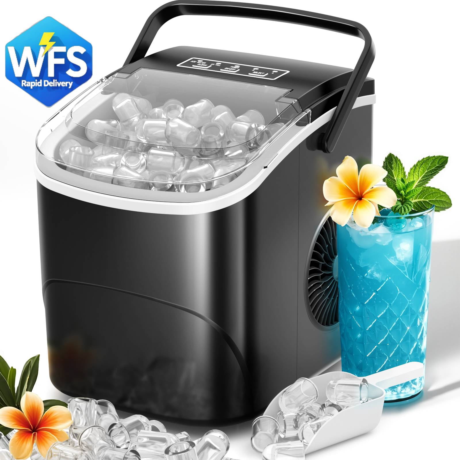Auseo Pro Countertop Ice Maker, 2 Sizes of Bullet Ice, 26.5Lbs/24H, 9 Ice Cubes in 6 Mins, Portable Ice Machine with Self-Cleaning for Home/Party/Travel/Camping (Black) - Walmart.com