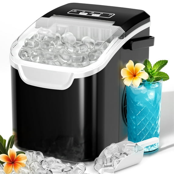 Auseo Countertop Ice Maker, 2 Sizes of Bullet Ice, 26Lbs/24H, 8 Ice Cubes in 6 Mins, Portable Ice Machine with Self-Cleaning for Home/Party/Travel/Camping (Black)