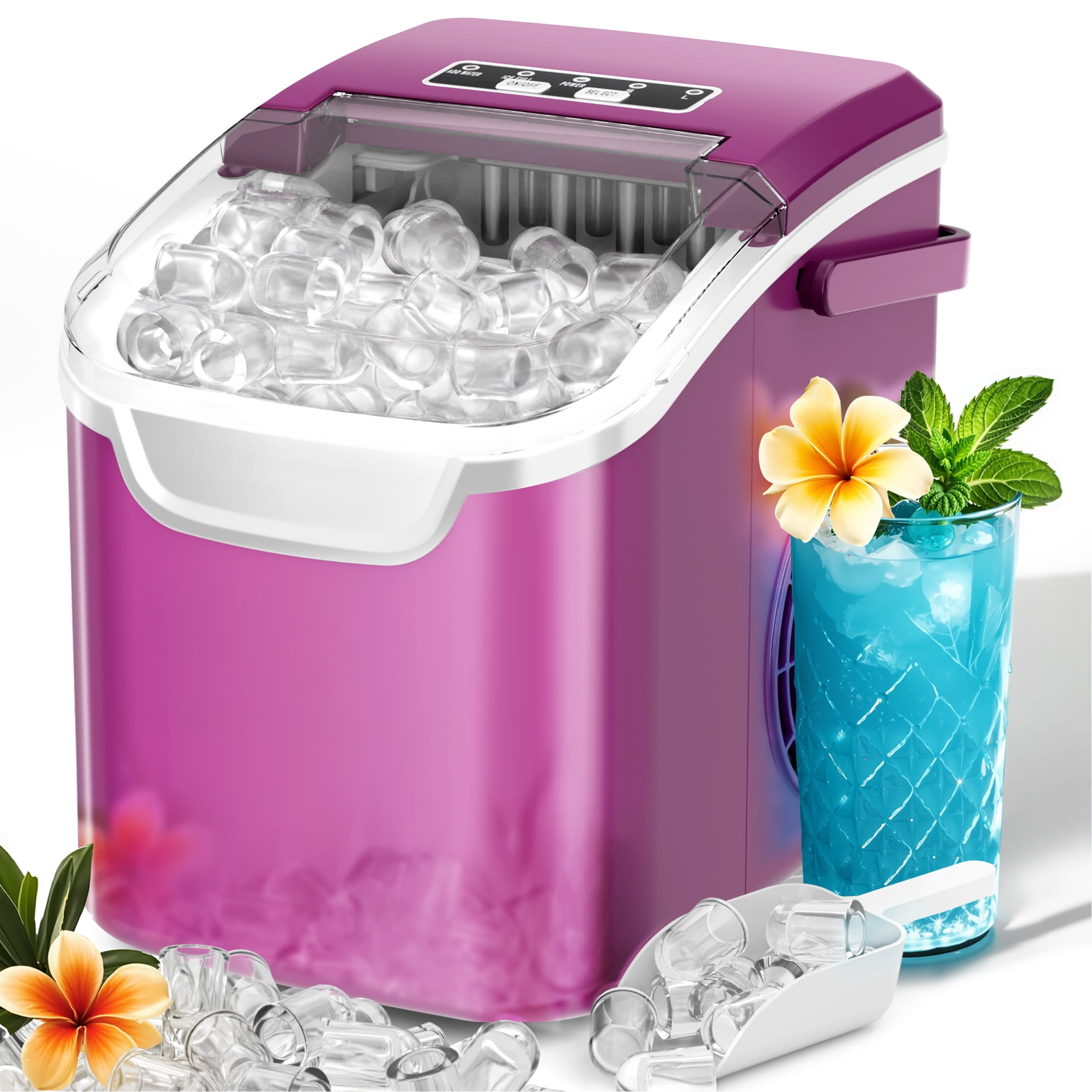 Auseo Countertop Ice Maker, 2 Sizes of Bullet Ice, 26Lbs/24H, 8 Ice Cubes in 6 Mins, Portable Ice Machine with Self-Cleaning for Home/Party/Travel/Camping (Light Purple)