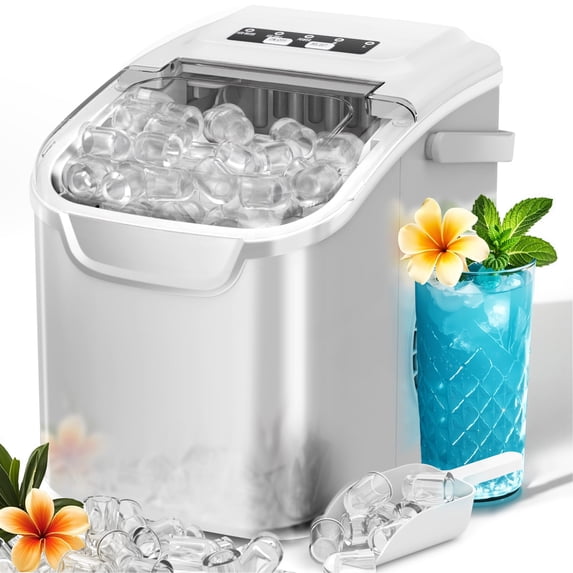 Auseo Countertop Ice Maker, 2 Sizes of Bullet Ice, 26Lbs/24H, 8 Ice Cubes in 6 Mins, Portable Ice Machine with Self-Cleaning for Home/Party/Travel/Camping (White)