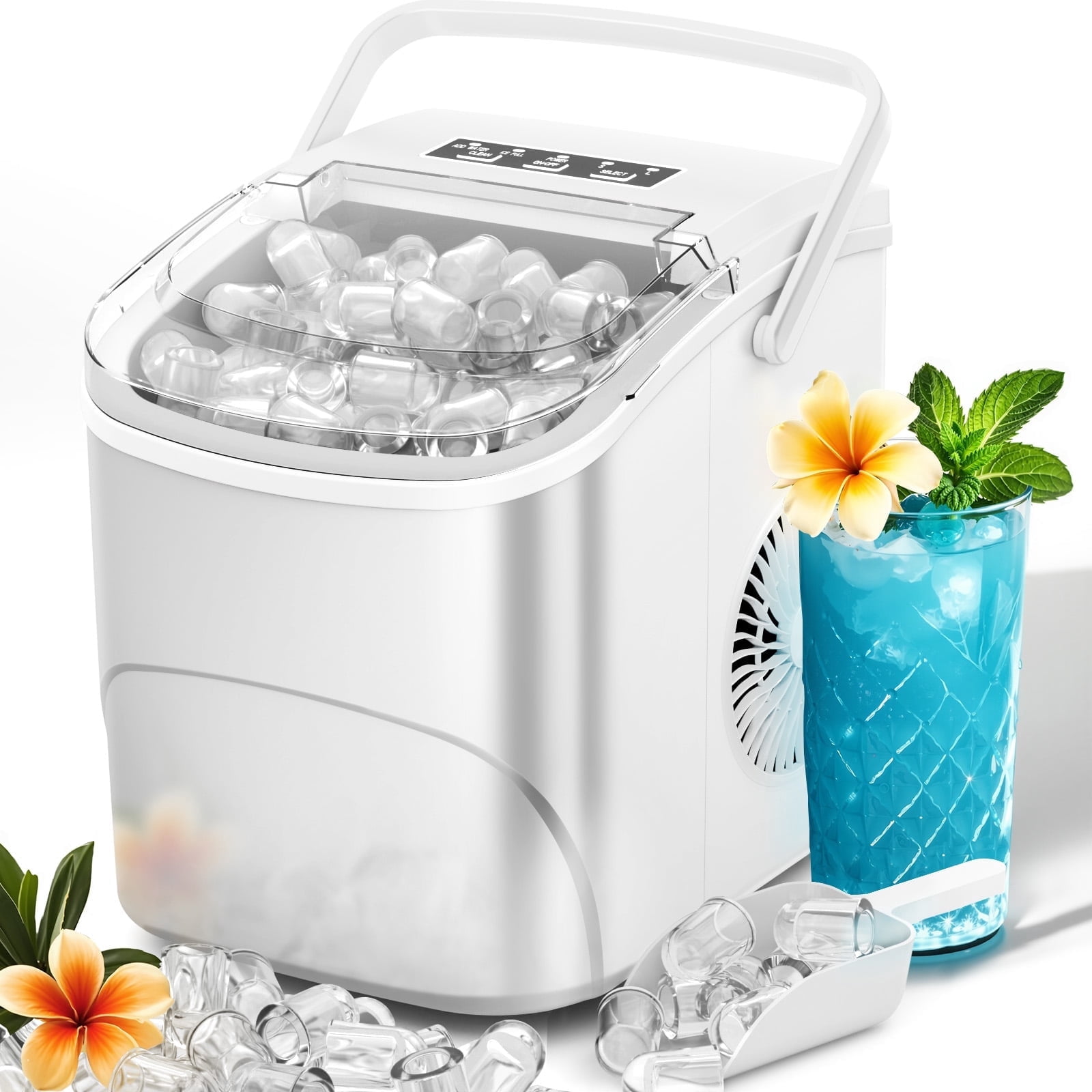 Auseo Pro Countertop Ice Maker, 2 Sizes of Bullet Ice, 26.5Lbs/24H, 9 Ice Cubes in 6 Mins, Portable Ice Machine with Self-Cleaning for Home/Party/Travel/Camping (White) - Walmart.com