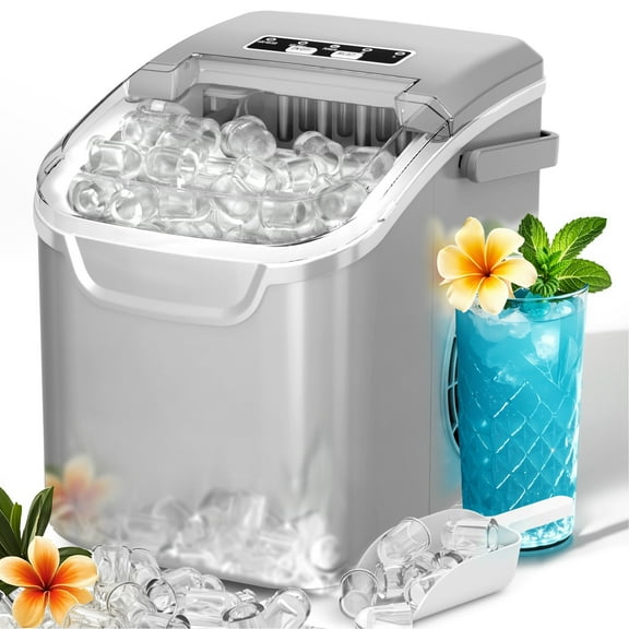 Auseo Countertop Ice Maker, 2 Sizes of Bullet Ice, 26Lbs/24H, 8 Ice Cubes in 6 Mins, Portable Ice Machine with Self-Cleaning for Home/Party/Travel/Camping (Grey)