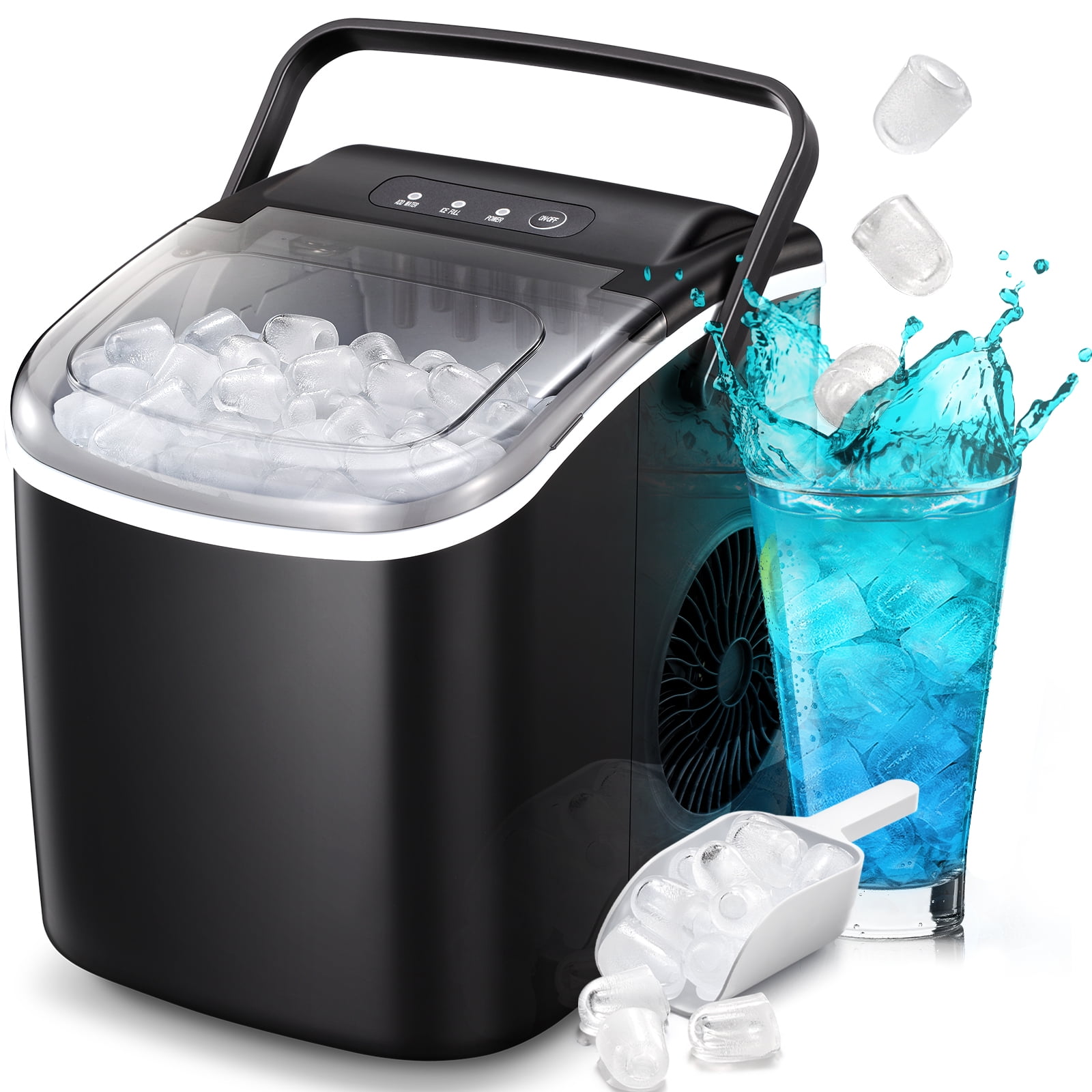 Auseo Countertop Ice Maker, Portable Ice Machine with Handle, 26Lbs/24H, 9 Cubes Ready in 6 Mins, One-Click Operation Ice Makers with Ice Scoop and Basket, for Kitchen/Office/Bar/Party (Black)