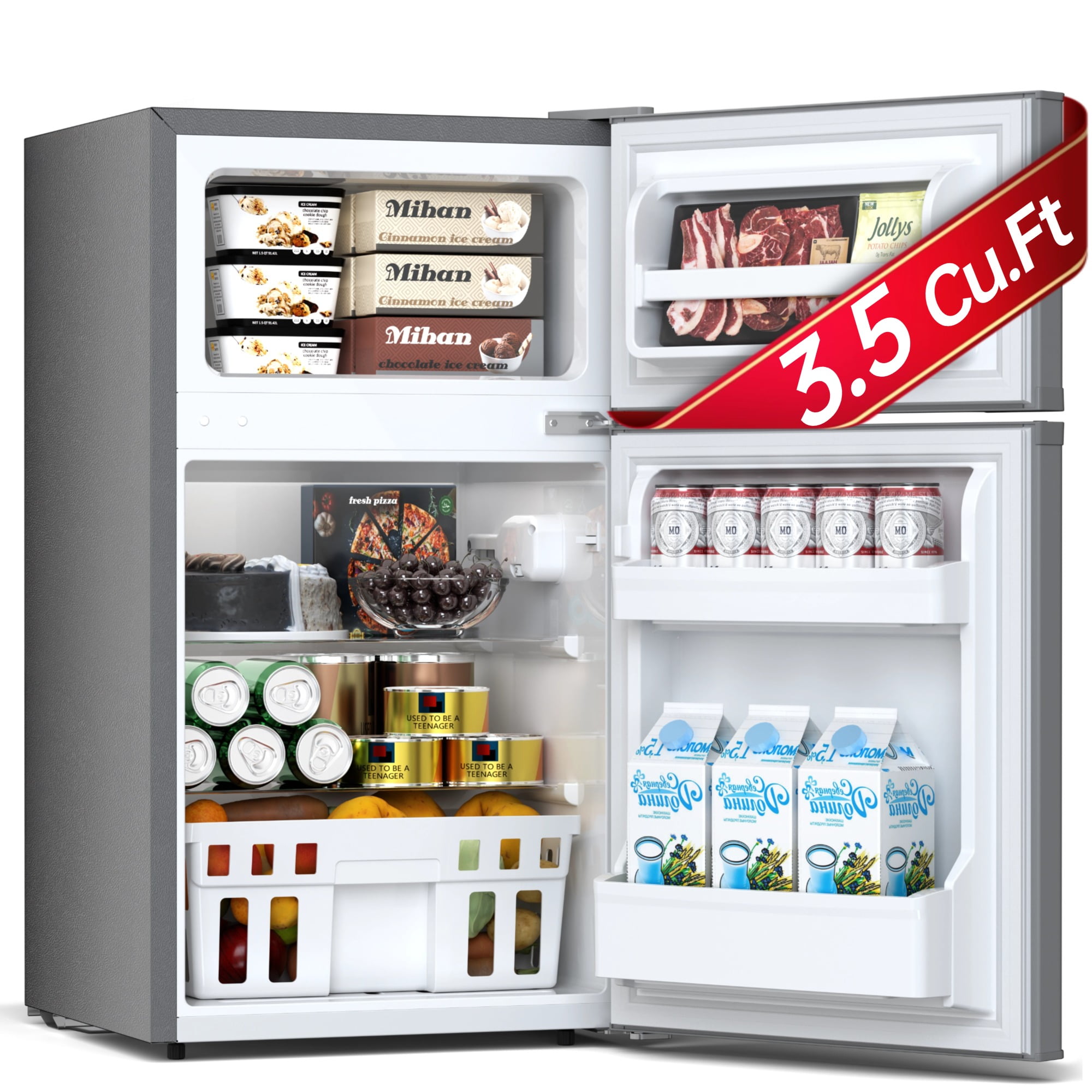 Auseo Double Door 3.5 Cu. ft Compact Refrigerator with Top Door Freezer, Freestanding Mini Fridge with Adjustable Temperature, Grey