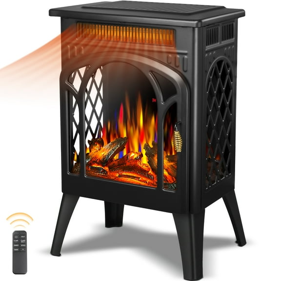 Auseo Electric Fireplace Heater 16", All-metal Frame Freestanding Stove, 3D Flame, Remote Control, 500W/1500W, Black