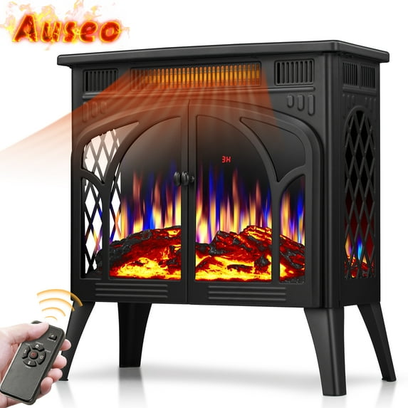 Auseo Electric Fireplace Heater 25’’ with 3D Realistic Flame Effect, Freestanding Fireplace with Remote Control, Timer, Different Flame Color,2 Heating Modes 500W/1500W, Room, Black