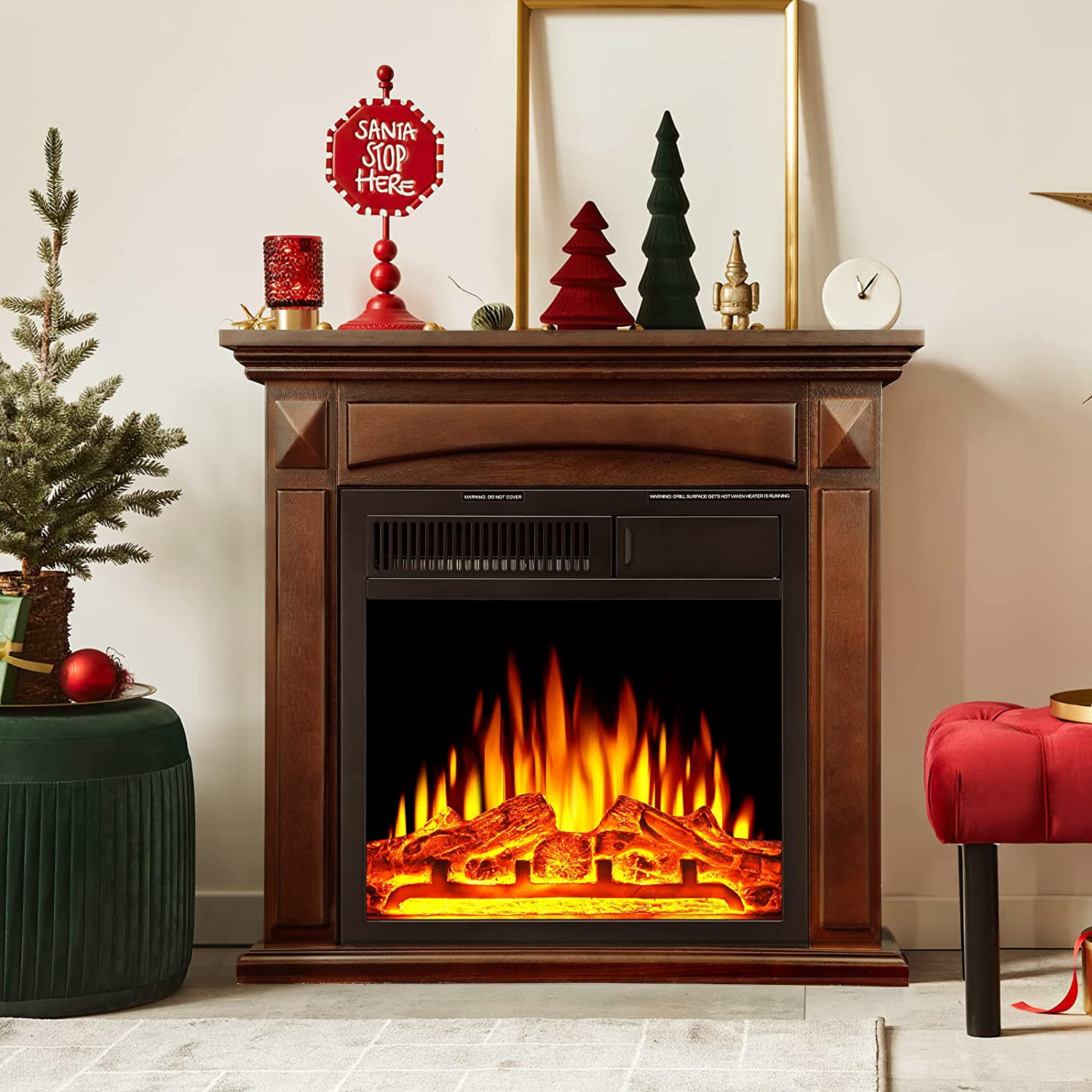 AKDY FP0077 20" Electric Brown Fireplace Portable Freestanding Firebox Heater 3D Flame w/ Logs