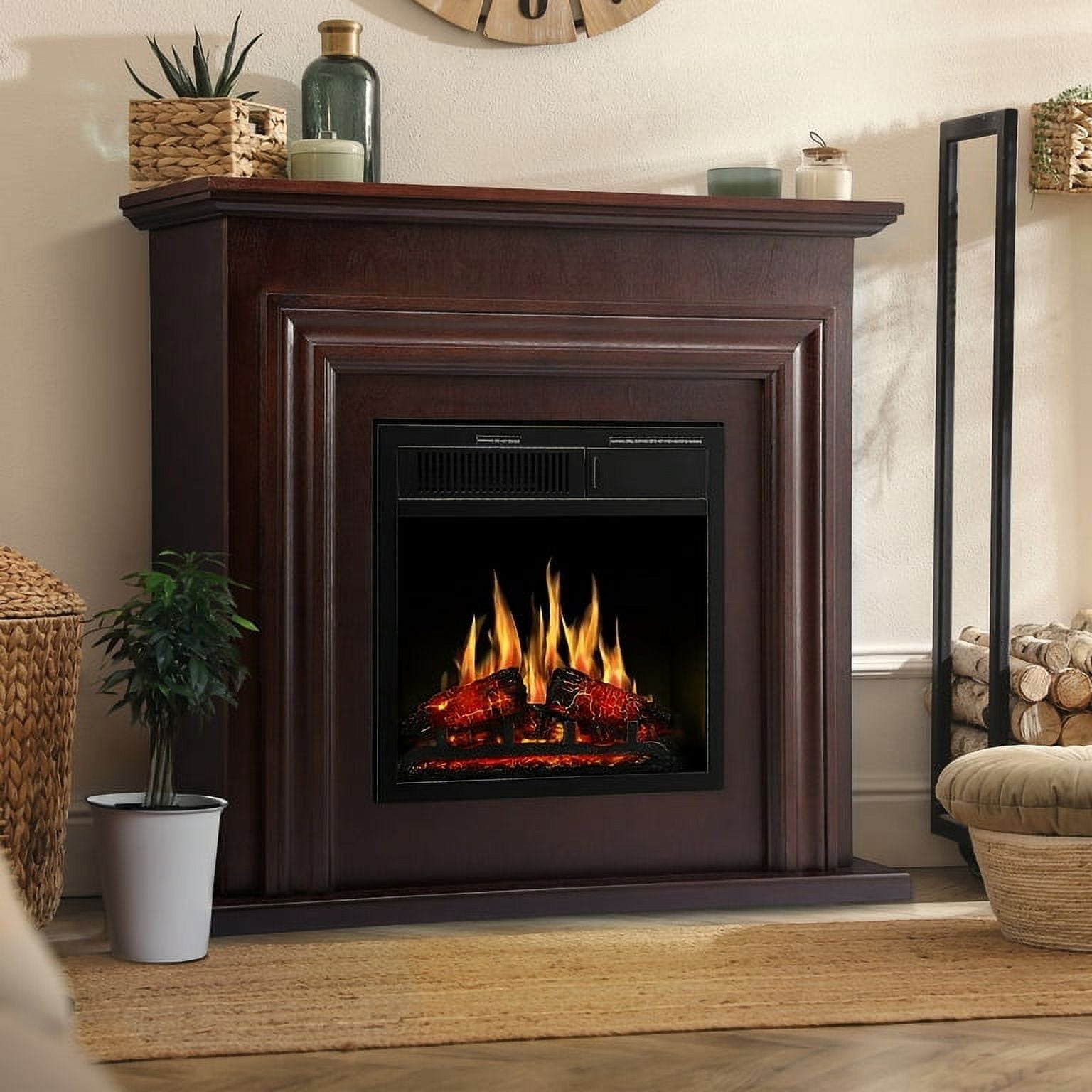 Auseo Electric Fireplace, Free Standing, Wooden Mantel, Remote, Adjustable Flame, 750W/1500W