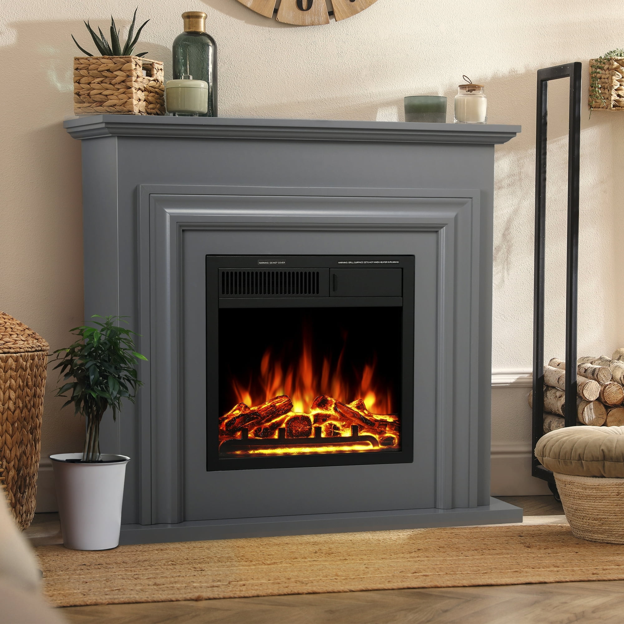 Auseo Electric Fireplace Mantel Wooden Surround Firebox, Free Standing  Fireplace, with Remote Control, Adjustable LED Flame, 750W/1500W -（Grey） -  Walmart.com