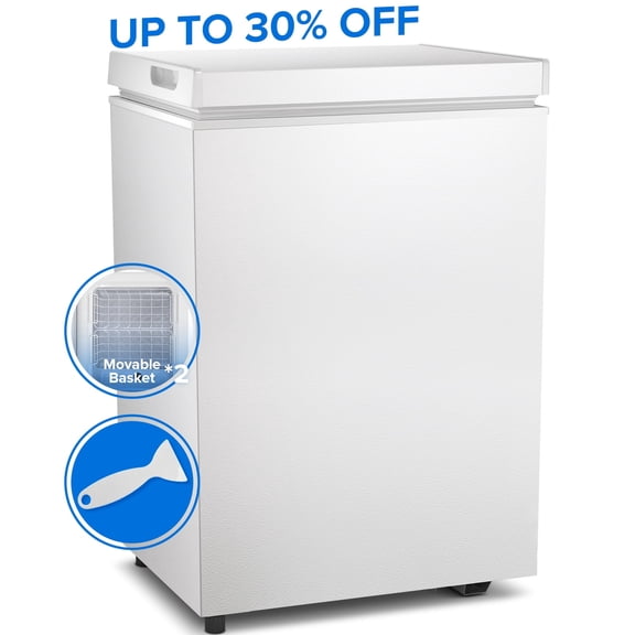 Auseo Mini Freezer Chest 3.5 cu ft, White Deep Freezer & Side Handle, Compact Freezer with 7 Gear Adjustable Temperature, Removable Storage Basket*2, Energy Saving