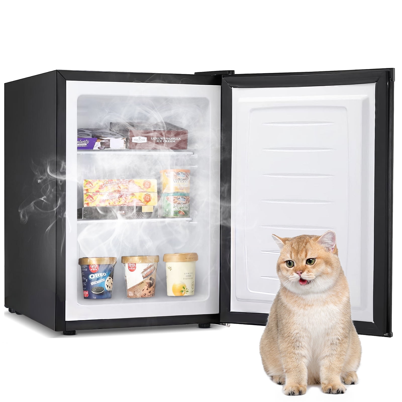 Auseo Mini Freezer Countertop, Energy Saving 2.6 Cu.ft, Single Door Compact Upright Freezer with Reversible Door for Home/Office/Kitchen-Black