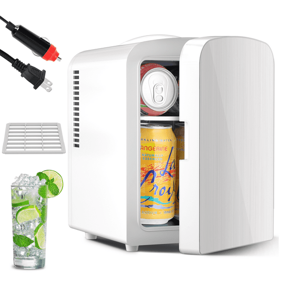 Auseo Mini Fridge Cooler Personal, Countertop, Portable 4L/6 Can Electric Plug In Cooler & Warmer for Food, Drinks, Skincare Beauty & Makeup, Stainless Steel, 12V AC/DC, Elegant White