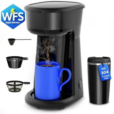 Auseo Mini Single Serve Coffee Maker Personal, 14 oz Thermal Travel Mug with Stainless Steel Interior, Single Cup Coffee Brewer, Small Coffee Maker with One-Press Fast Brewing, Reusable Filter, Black