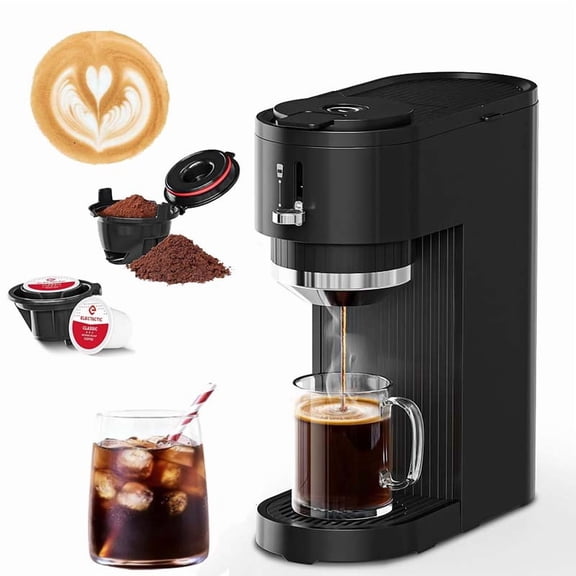 Auseo Single Serve Coffee Maker for Coffee Pods & Ground Coffee, 5 Cup Sizes (6-14 OZ), Coffee Machine Hot & Iced One-Press Fast Brewing, Reusable Filters