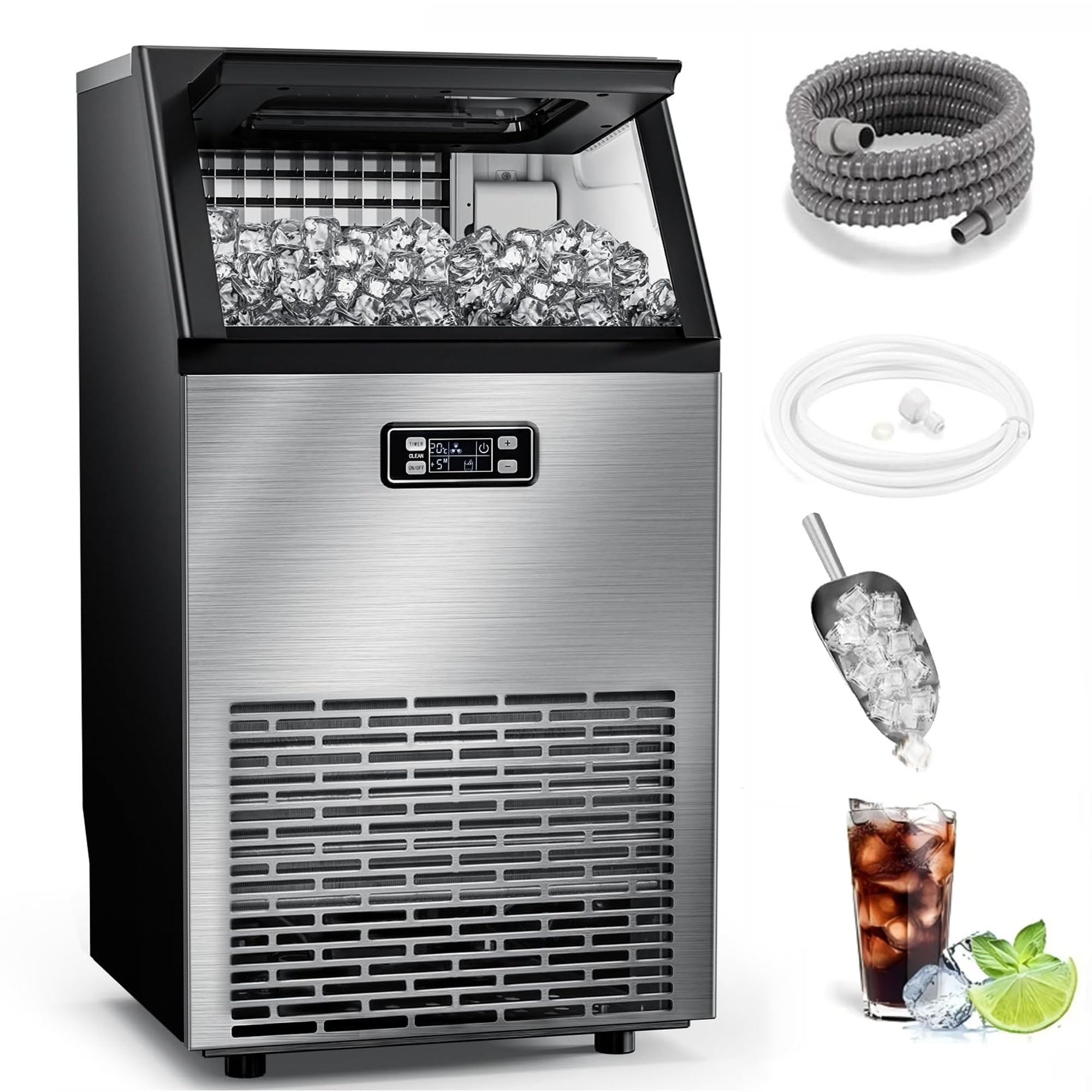 100Lbs/24H Commercial Ice Maker, 45 Cubes in 11 Mins, Stainless Steel, Auto Clean, Under Counter for Home/Bar Use， Auseo