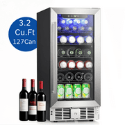 Auseo 15'' 3.2Cu.ft. Beverage Refrigerator Cooler, Under Counter with 127 Cans Built-in Beverage Fridge with Stainless Steel Frame & Handle & Door Lock