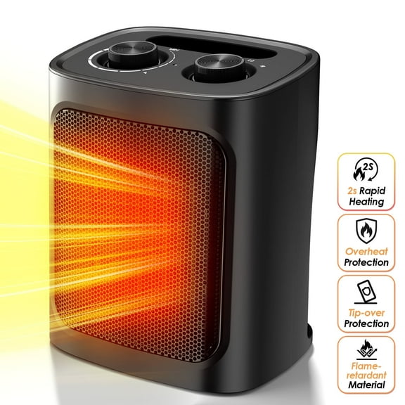 Auseo Space Heater, 750W/1500W, Ceramic Small Fan Heater for Indoor Use, 2S Rapid Heating, Multiple Safety Protection, Black