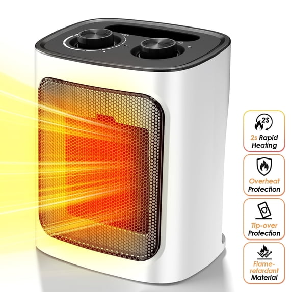 Auseo Space Heater, 750W/1500W, Ceramic Small Fan Heater for Indoor Use, 2S Rapid Heating, Multiple Safety Protection, White