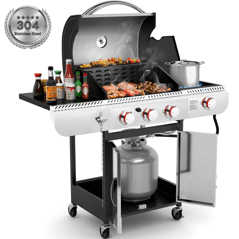 Auseo Stainless Steel 3 Burner Propane Gas Grill with Side Burner, 34,000 BTU Patio Garden Barbecue Grill,Porcelain-Enameled Cast Iron Grates