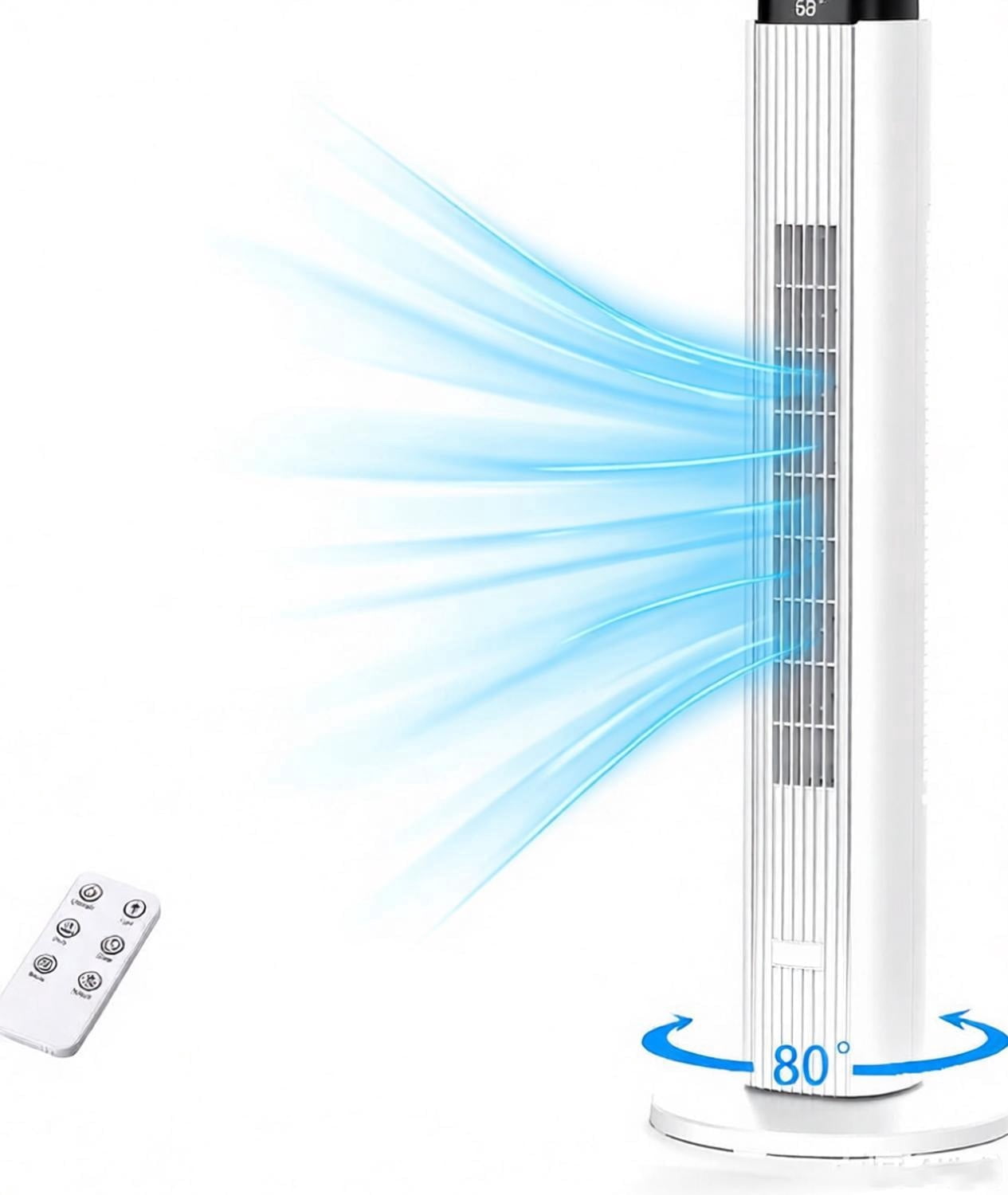 Moifoi 37 inch Tower Fan for Home, 80°Oscillating Bladeless Standing Floor Fan for Large Room, 6Speeds 4 Modes ,12H Timer with Remote,White