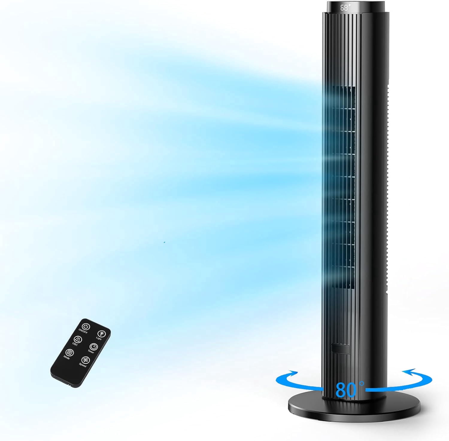 Moifoi 37 inch Tower Fan for Home, 80°Oscillating Bladeless Standing Floor Fan for Large Room, 6Speeds 4 Modes ,12H Timer with Remote,Black