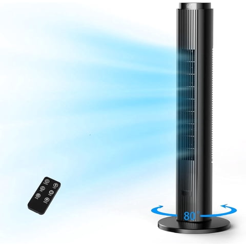Moifoi 37 inch Tower Fan for Home, 80°Oscillating Bladeless Standing Floor Fan for Large Room, 6Speeds 4 Modes ,12H Timer with Remote,Black