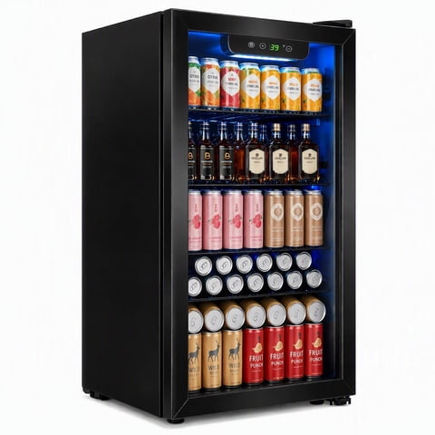 Auseo Mini Fridge 125 Can Beverage Refrigerator Cooler with Glass Door for Home, 17.91 in D, 31.1 in H, Black