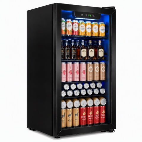 Auseo Mini Fridge 125 Can Beverage Refrigerator Cooler with Glass Door for Home, 17.91 in D, 31.1 in H, Black