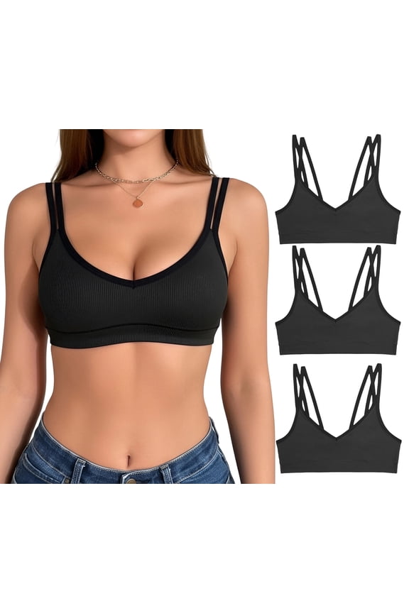 3 Pack Women Double Spaghetti Straps Bra V-Neck No Padded Underwear Comfort Full Coverage Bra Basic Sports Bralette Black M